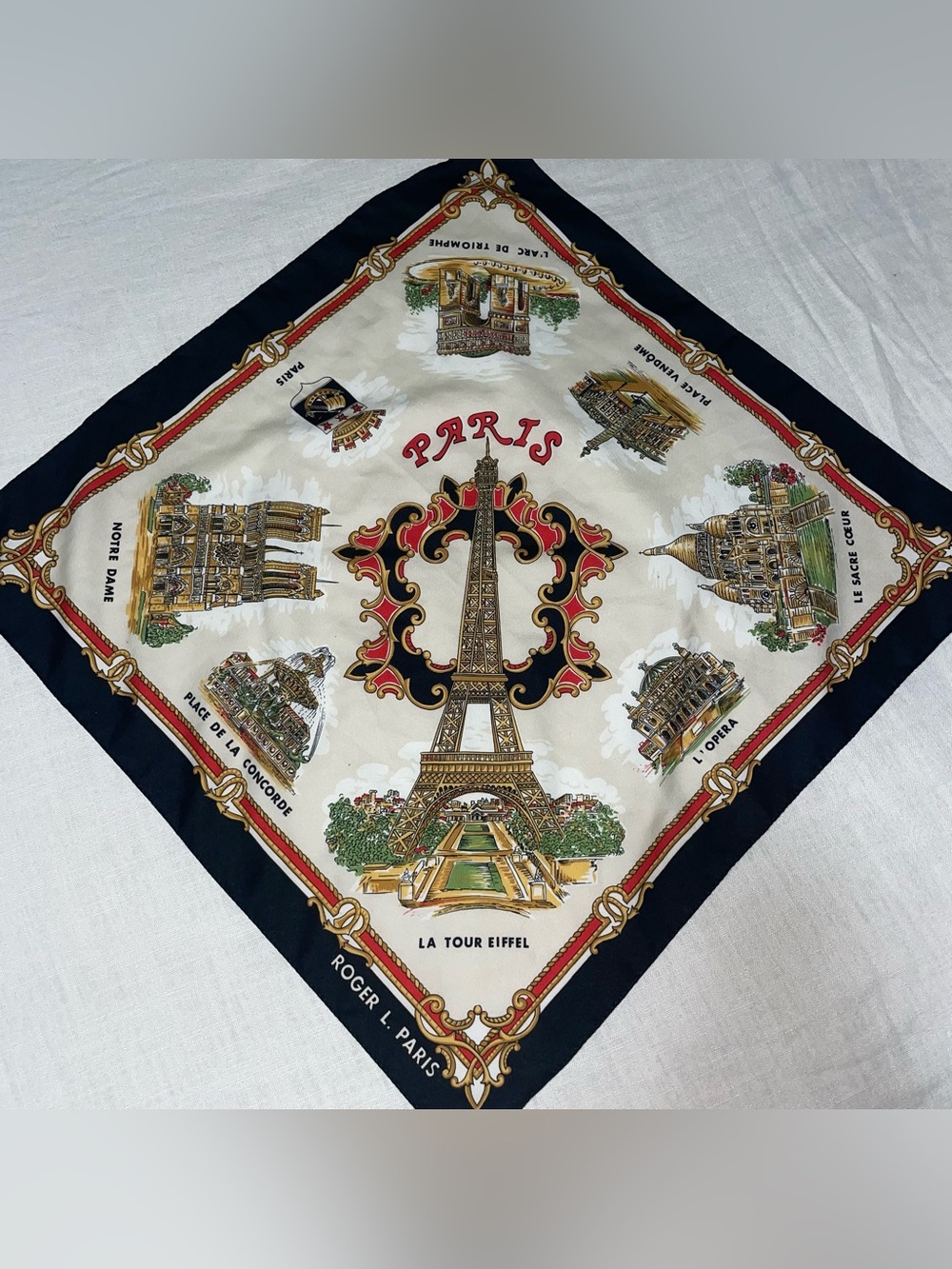 Vintage Silk Scarf Paris France Travel Tourist Graphic Print Rolled